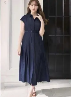 JENNE ジェンヌ スクエアカラー フレアワンピース ネイビー くるみ
