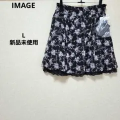 IMAGE 膝丈フレアスカート 花柄 レース リボン付き ブラックのサムネイル