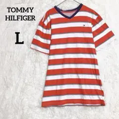トミーヒルフィガー ボーダーVネックTシャツ『L』 白赤 半袖 コットン100%