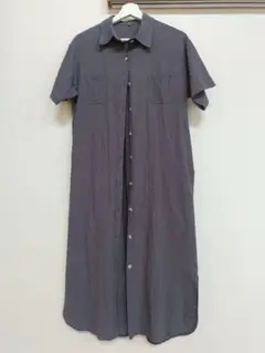 グレー 半袖 シャツワンピース 綿 麻