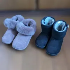 キッズブーツセット　ブラウンファー付きスエードブーツ＆黒ムートンブーツ