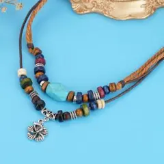 ウッドビーズ ターコイズ フラワー 男女兼用 ネックレス インディアン トルコ