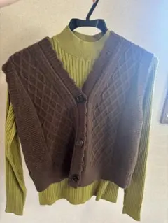 ブラウン ダイヤモンド編み カーディガン Sサイズ