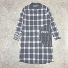 美品＊ハイネックニットチュニック グレー×ホワイト チェック 体型カバー
