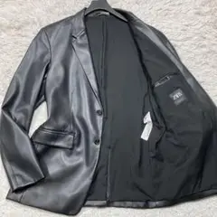 極美品美シルエット ザラ レザー テーラードジャケット 大きいサイズ XL 黒