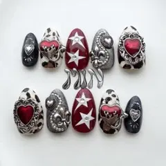 ヒョウ柄 赤 シルバー y2k ギャル 量産型 個性派 痛ネイル ネイルチップ