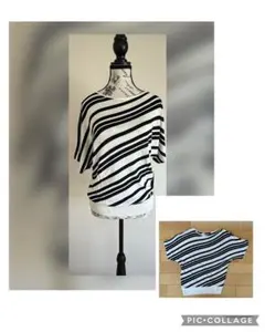 週末値下げ中♪ 斜めボーダーフレンチスリーブ ボートネック ニットトップス