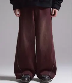 【GRANCY】ジップデザインバギーデニムパンツレッド