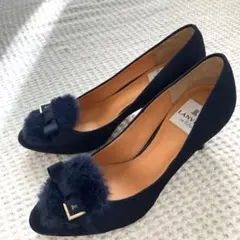 極美品✨ランバンオンブルー リボンファーパンプス　濃紺　23cm