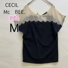 新品タグ付 CECIL McBEE シフォン切替 ビジュー付き ブラック M