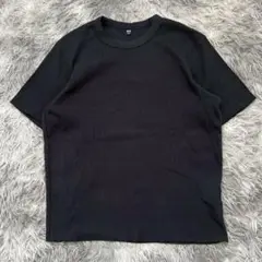 美品✨【UNIQLO】黒 ワッフル生地 クルーネック カットソー (M) 綿混