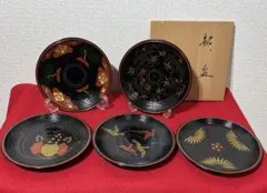 未使用　平安象彦　銘々盆　茶道具　漆器　皿　絵変わり　5枚組