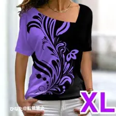 トライバル柄のハワイアンTシャツ・XL♡フラダンス♡紫 黒 2L♡♡社交ダンスのサムネイル