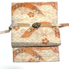 4107◆アンティーク名古屋帯染帯　ベージュ　蜜柑色御所車桜　上品　大正ロマン