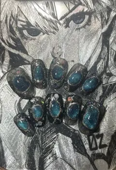 ラメ入りオーバル型ネイルチップ10個セット、猫の目デザイン、サイズ交換可能！