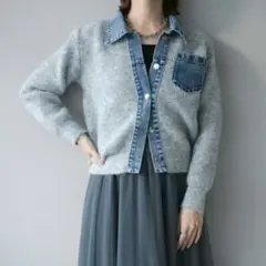 デニム襟ポケットニットカーディガン　グレー　lumier同型