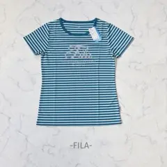 FILA/Tシャツ/M/ブルーグリーン/ボーダー/ロゴ/半袖/スポーツ/通気性