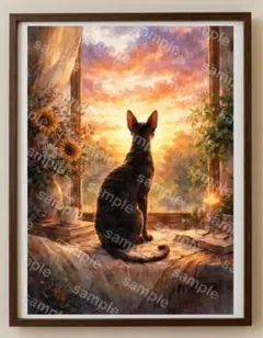 【水彩画アート】窓辺でそっと茜空を見つめる猫 2L版写真用紙