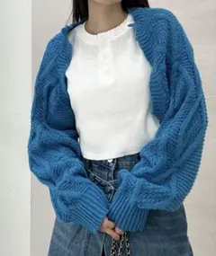 ケーブルニット クロップドセーター 青