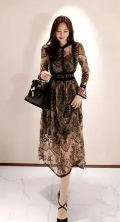 レースワンピース　ドレス　ミディ丈　オールシーズン　結婚式　パーティー　普段使い