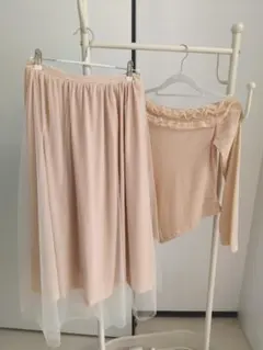 ベージュ シフォン ロングスカートとトップス セット