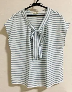 ストライプ 半袖ブラウス リボン付き