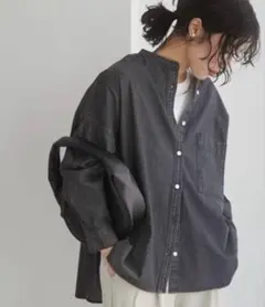 ANGIE オーバーサイズ バンドカラー デニムシャツ