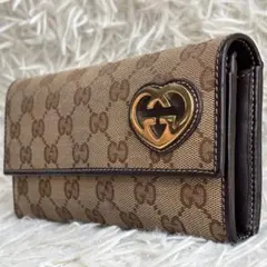 【激レア 美品】グッチ　GGキャンバス　ハート　ゴールド金具　長財布　ブラウン系