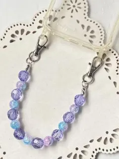 ハンディストラップ10mm青系クラッシュビーズ×12mmクリアパープル