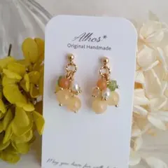 天然石ハニーストーンとアベンチュリン 淡水パールのピアス orイヤリング＊S