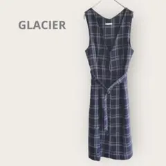 グラシア　【M】Vネック　膝下　ワンピース　ノースリーブ　共布ベルト　紺系　秋冬