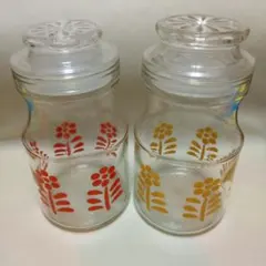 昭和レトロ　ガラス保存瓶　蓋付　花柄　2個セット