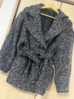 新品未使用　ヘリンボーン　ウール　コート　黒　モノトーン　ベルト　EMODA