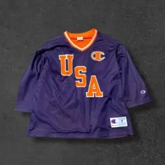 Champion USA VネックTシャツ 7分袖 Sサイズ ネイビー