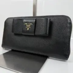 【美品】PRADA プラダ リボン サフィアーノレザー ラウンドジップ長財布 黒のサムネイル