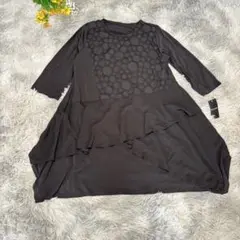 【新品】ブリランテ　切り替えチュニック　【L】　ブラック　ドット　ゆったり