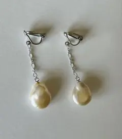 淡水パール　イヤリング　ドロップ型　オレンジ　ピンク