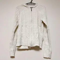 ホワイト ケーブル編み フード　【L】 カーディガン　ケーブルニット セーター