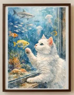 【水彩画アート】水槽越しの猫の眼差し　2L版写真用紙