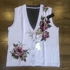 新品　リバーシブル　花柄ニットベスト ローズ　薔薇　バラ　パープル　グレーベスト