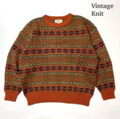 80s〜90s レトロ 総柄 ニット セーター オレンジ ヴィンテージ 古着