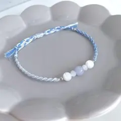 マクラメ編み　天然石　ブレスレット　アクアマリン　マザーオブパール　ミサンガ