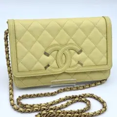 美品 CHANEL CCフィリグリー キャビアスキン チェーンウォレット 黄色