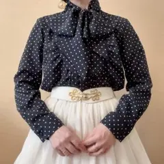 ヴィンテージ レトロ古着 ドットジャガード フリルデザインボウタイリボンブラウス ヴィンテージ茶色ドット柄フリルシャツブラウス長袖リボンタイ光沢