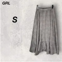 グレイル　ロングスカート　チェック　茶色　フレア　ウエストゴム　S 通勤　楽