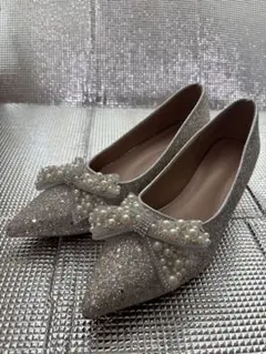 シルバー パール付きリボン フラットシューズ