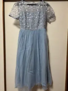 水色 刺繍入り 半袖ドレス+パニエ付！