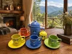 【レア】ミニ　顔付き ティーセット セット 陶器 カップ ソーサー ポット
