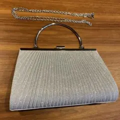 2wayパーティバッグ ハンドバッグショルダー がま口プリーツ 結婚式　上品 銀