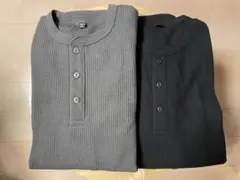 【ブラック／グレー2枚セット】ワッフルヘンリーネックTシャツ